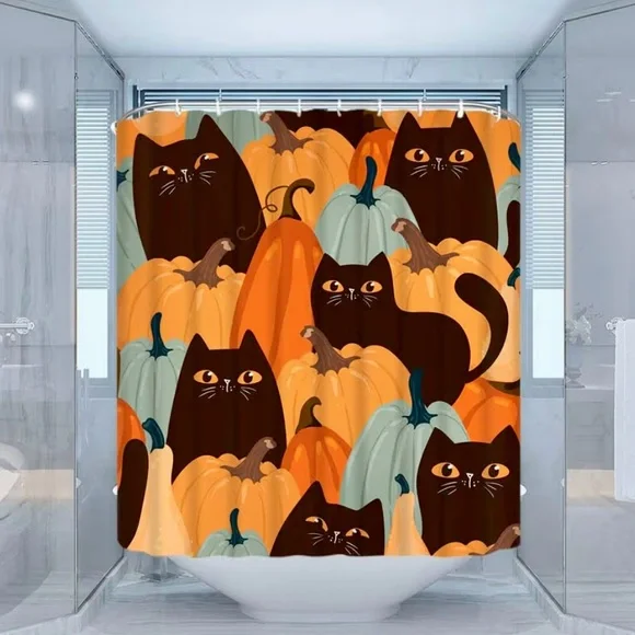 Fall Rustic Charm Black Cat Pumpkin Halloween Polyester Shower Curtain w/Hooks - Picture 2 of 3